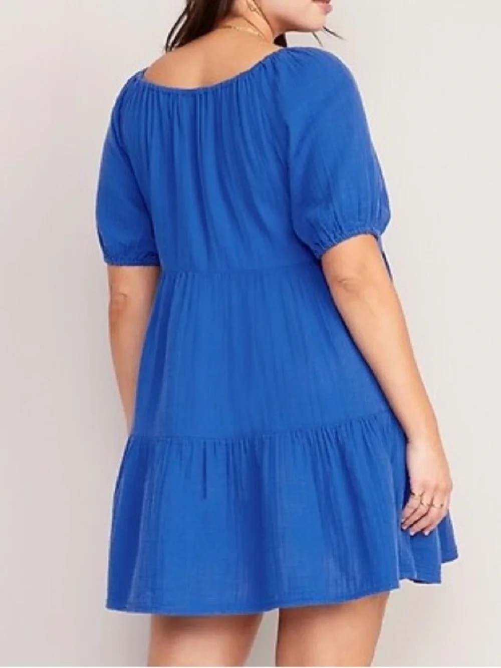 Old Navy Women S Blue Sapphire Sky Pockets Puff-Sleeve Tiered Mini Swing Dress - Picture 2 of 10